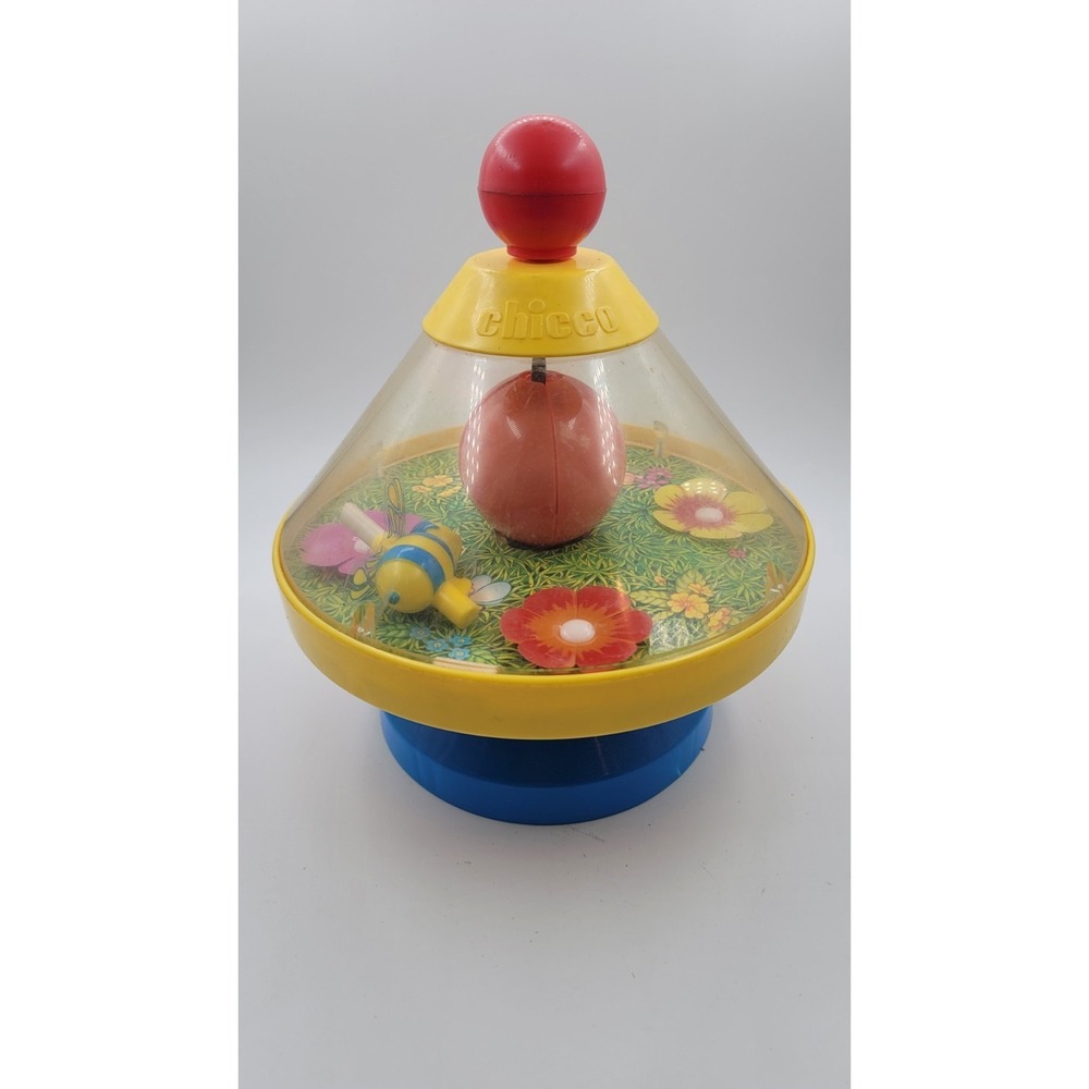 Vintage 1980s Chicco Spinning Push Top Toy w/ Chime Bell Bumblebee‎ Flowers!